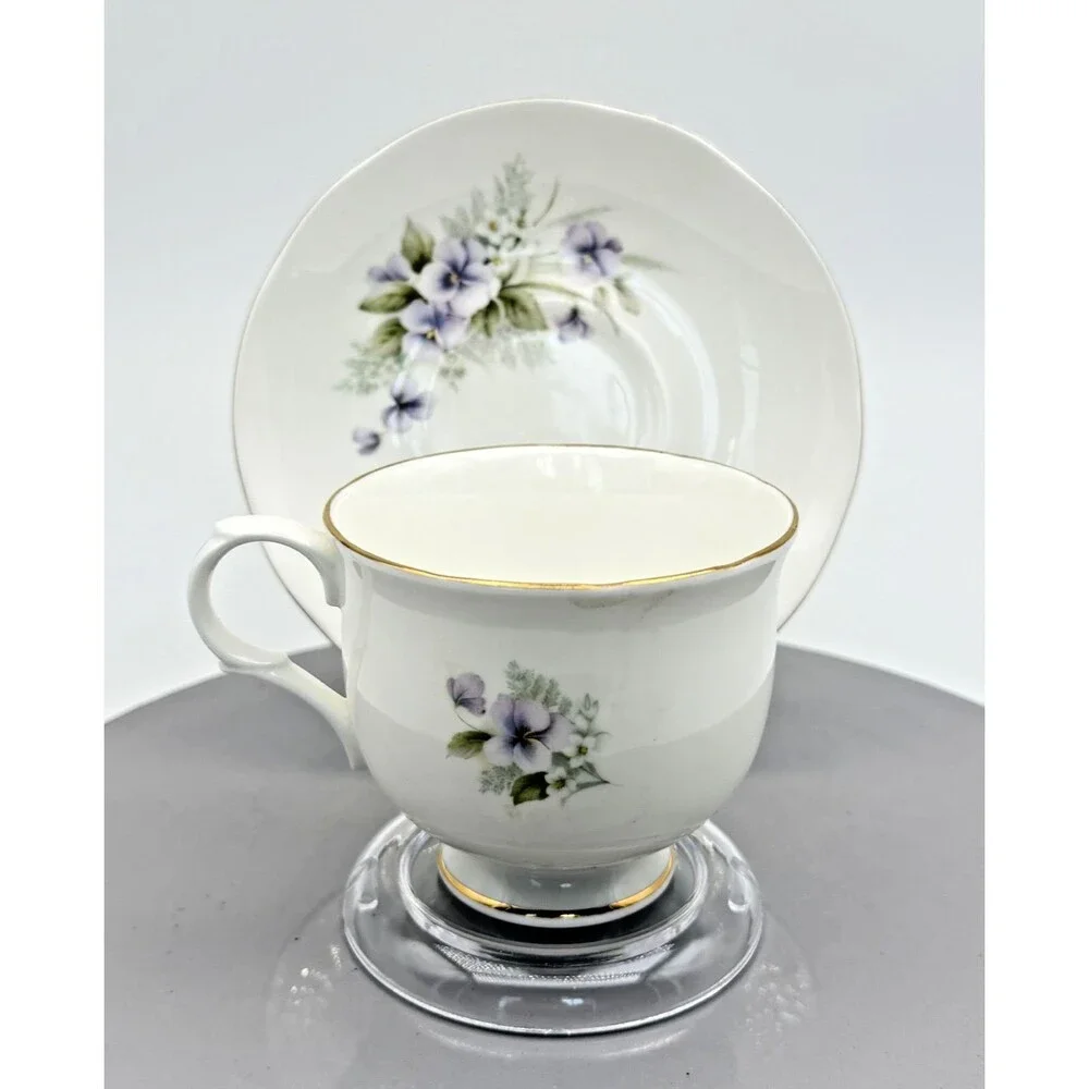 Sadler Wellington Floral Teacup and Saucer Set Purple Pansies Gold Trim Vintage